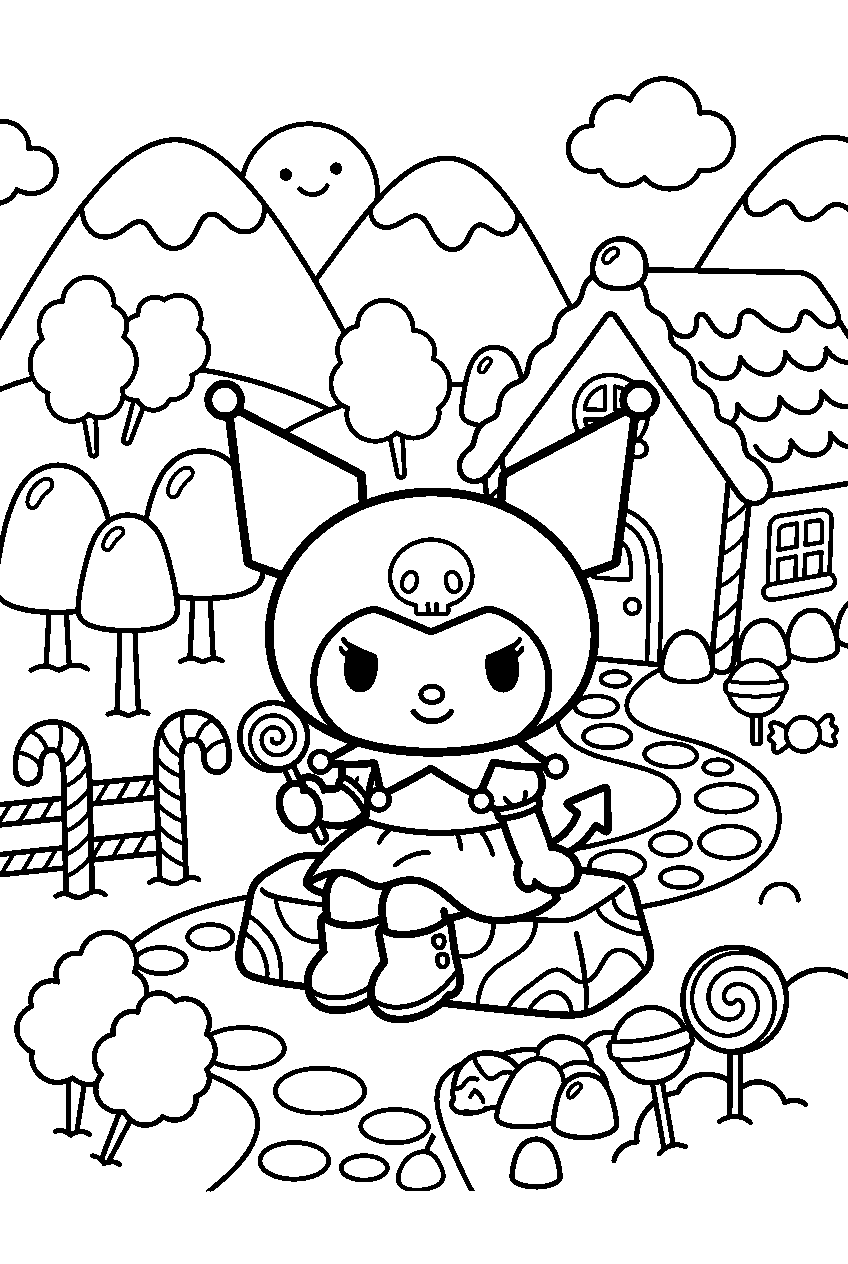 kuromi sitting in candy kingdom line art