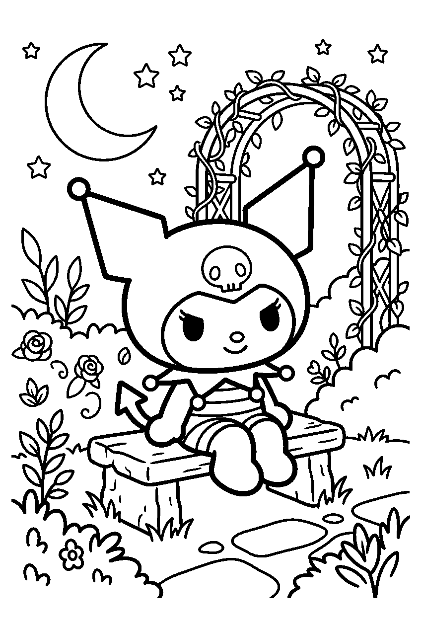kuromi sitting in moonlit garden line art