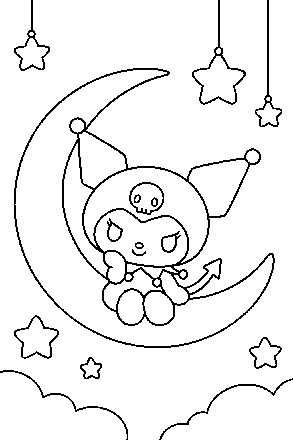kuromi sitting on a crescent moon beneath hanging stars line art