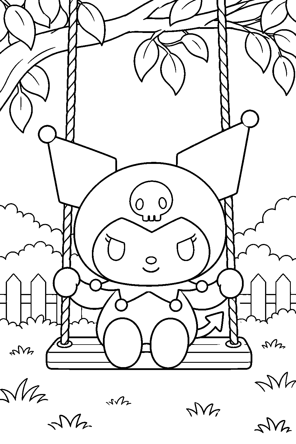 kuromi sitting on a playground swing beneath leafy branches line art