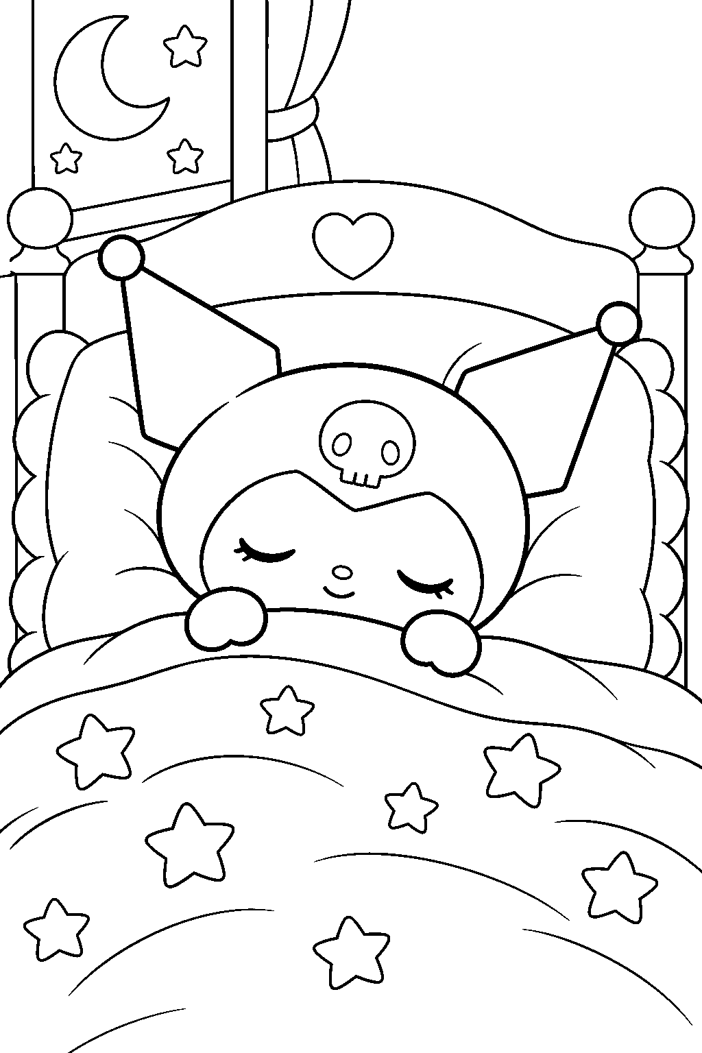 kuromi sleeping under a blanket in a star patterned bed line art