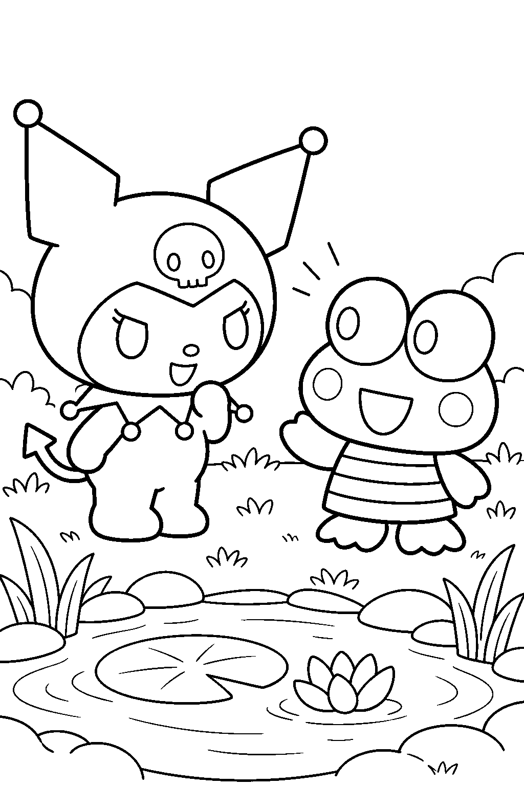 kuromi talking with keroppi beside a lily pond line art