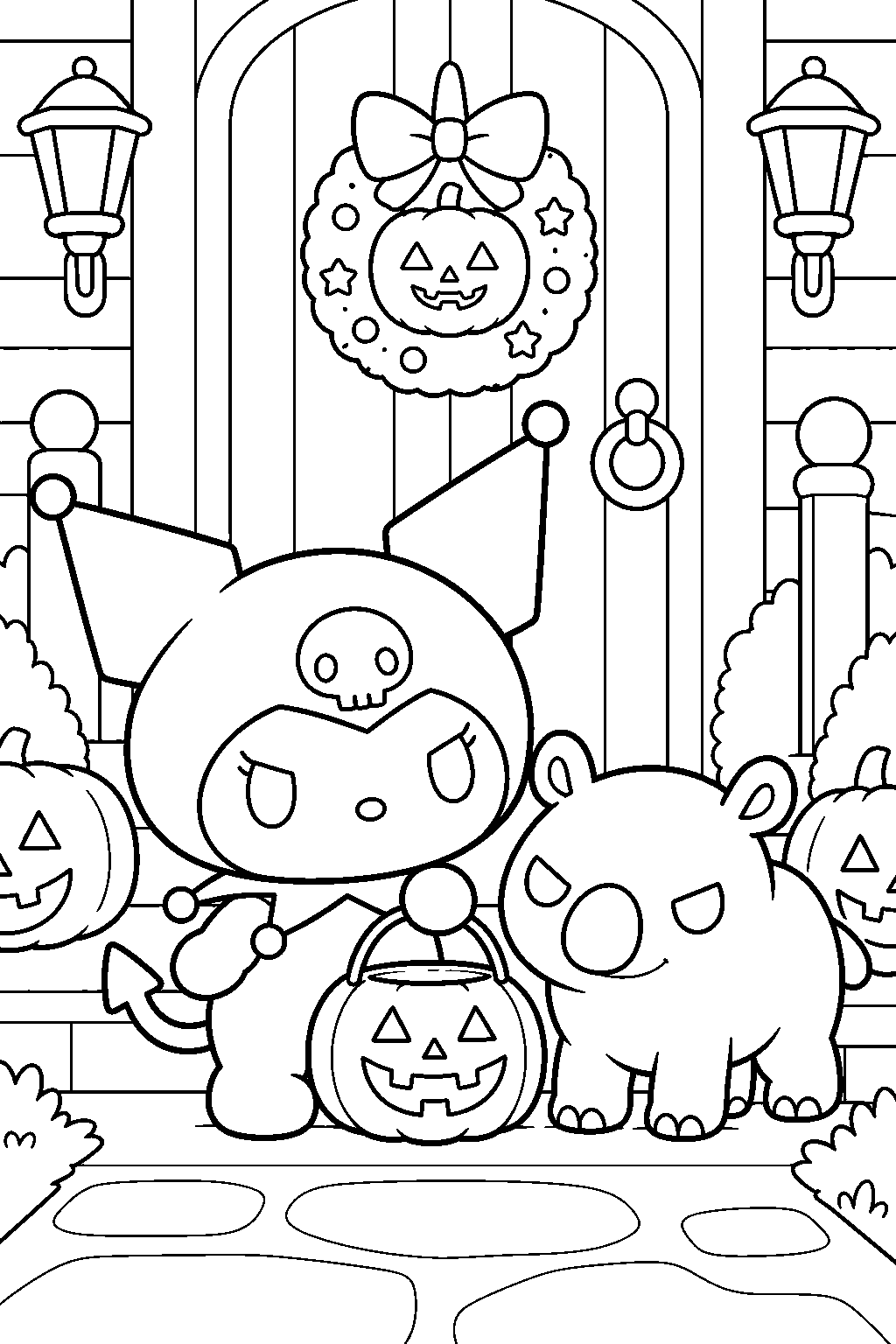 kuromi trick or treating with baku outside a decorated house line art