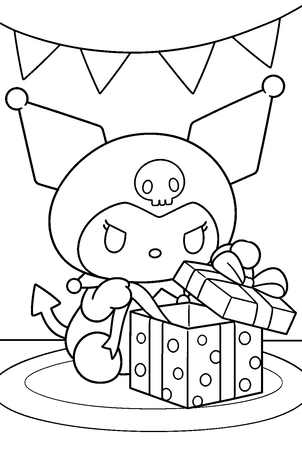 kuromi unwrapping a birthday present beneath party bunting line art