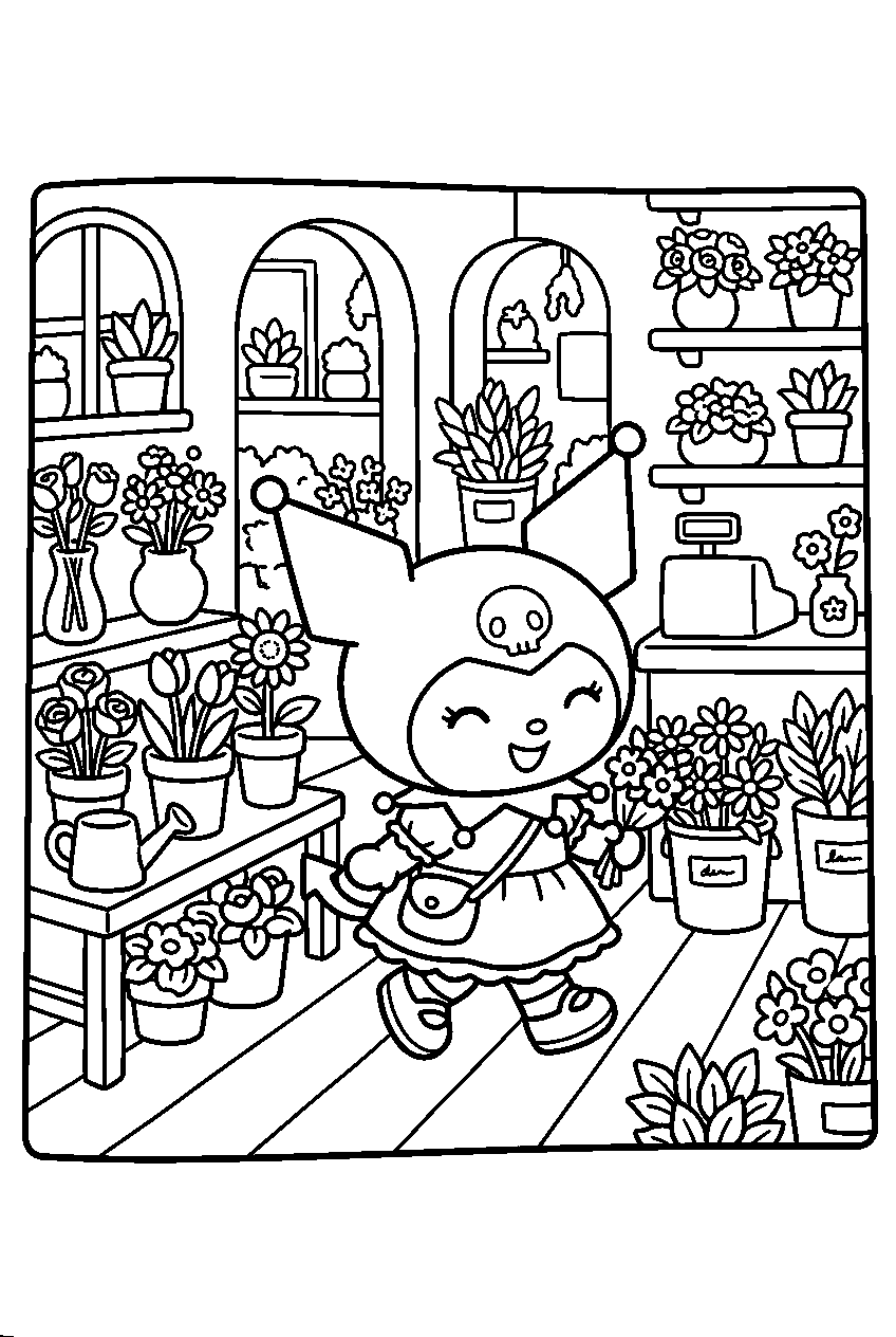 kuromi walking in flower shop line art