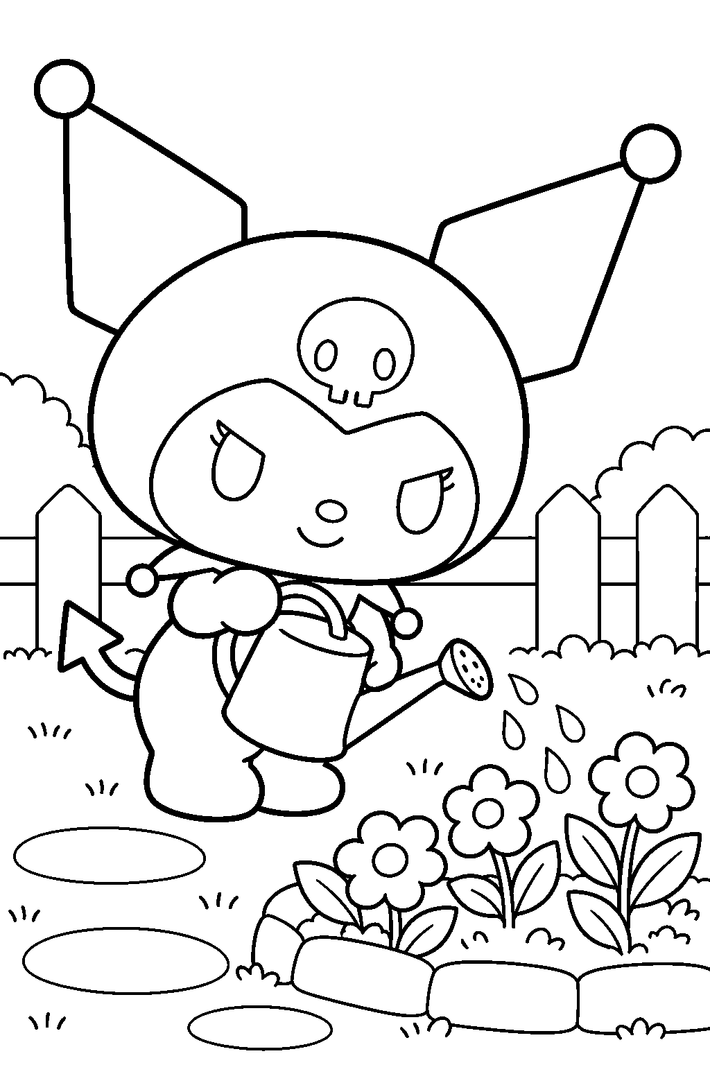 kuromi watering a flower bed with a watering can line art