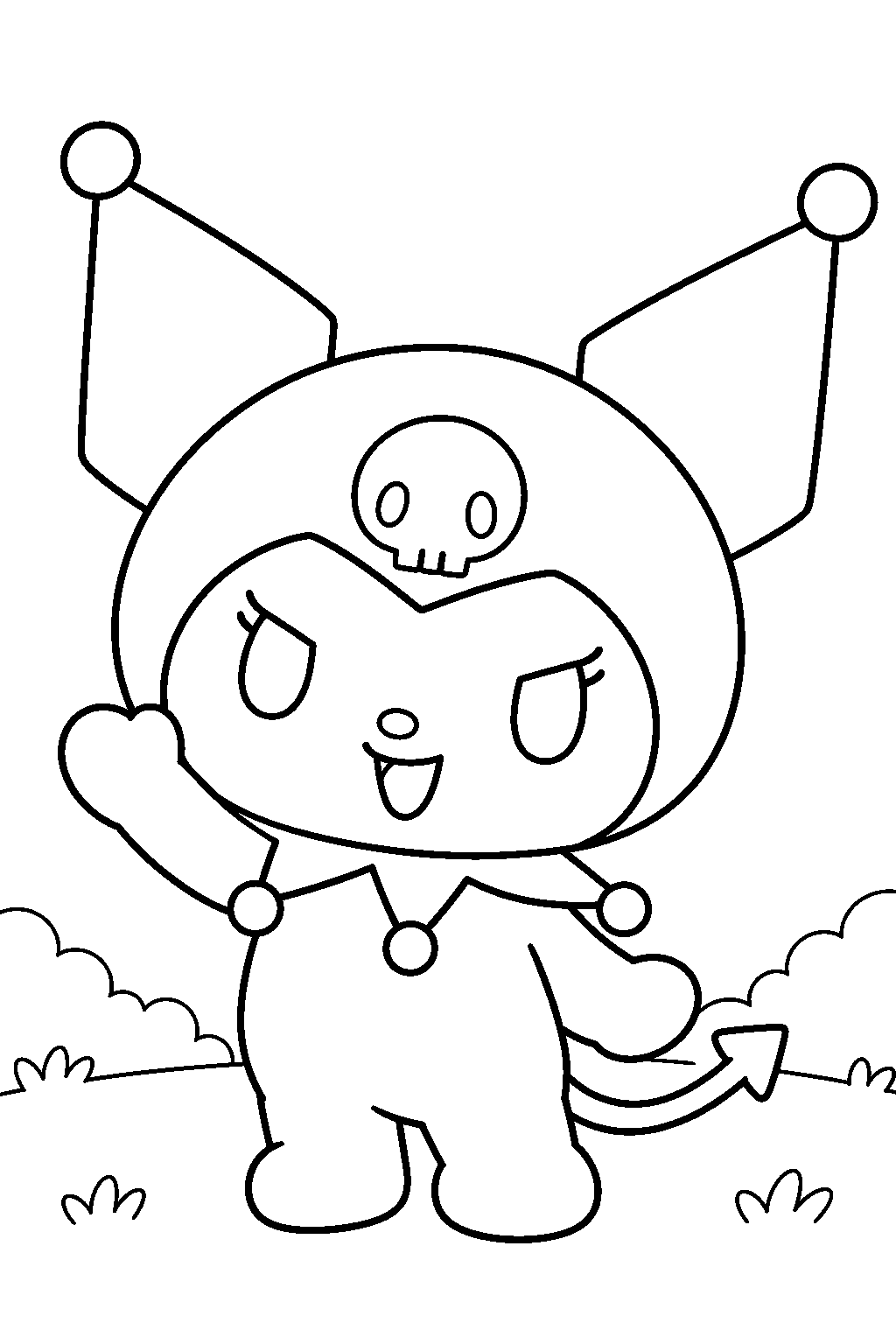 kuromi waving in her classic skull emblem jester hood line art