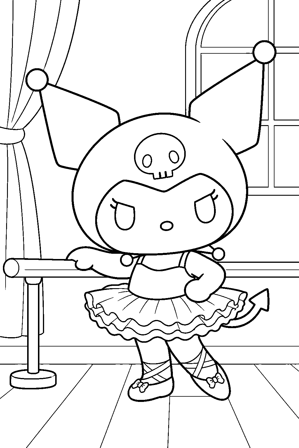 kuromi wearing a ballet tutu and practicing at a ballet barre line art