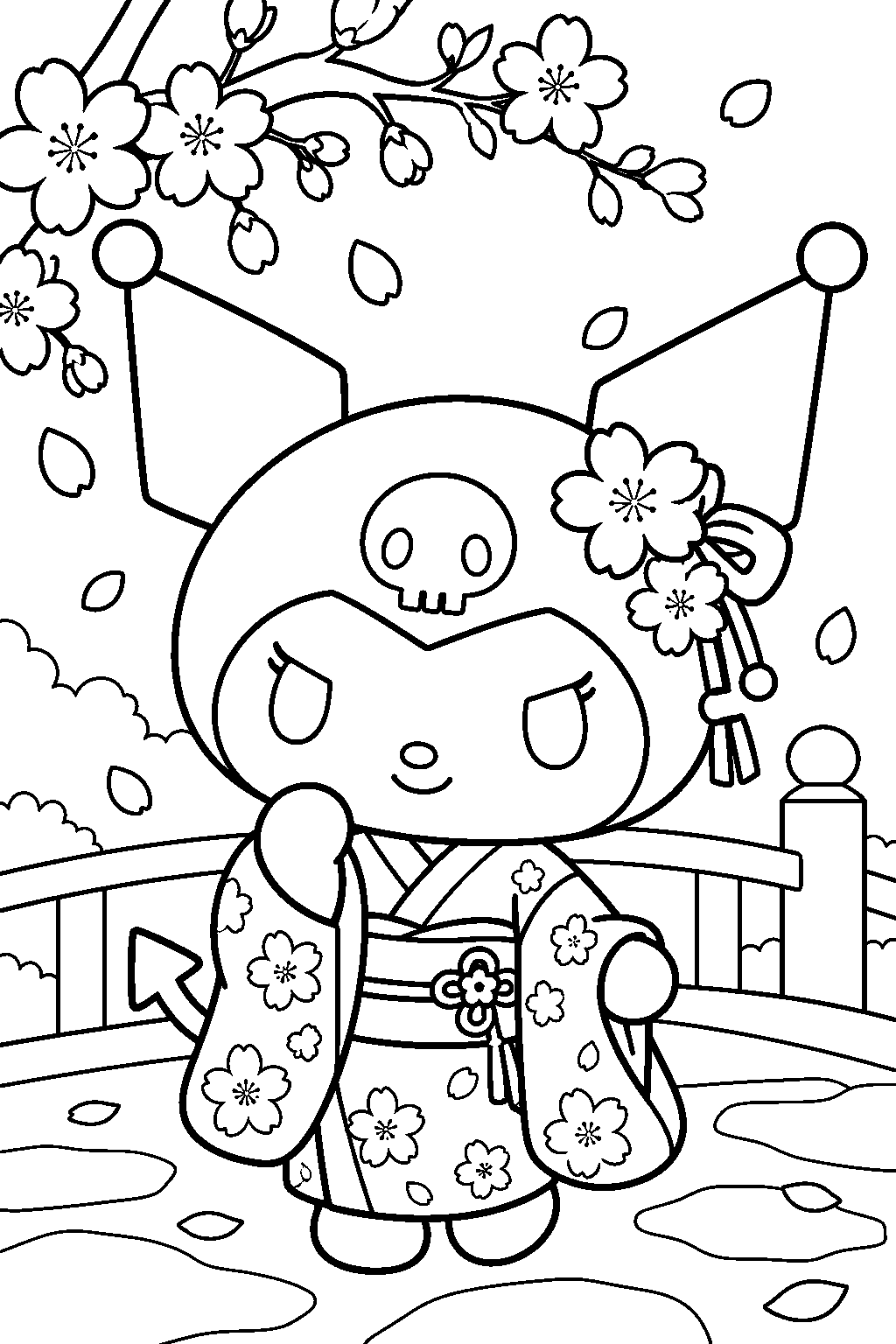 kuromi wearing a kimono beneath blooming cherry blossoms line art