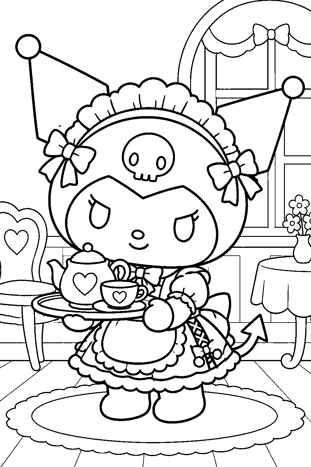 kuromi wearing a punk maid dress and serving tea line art