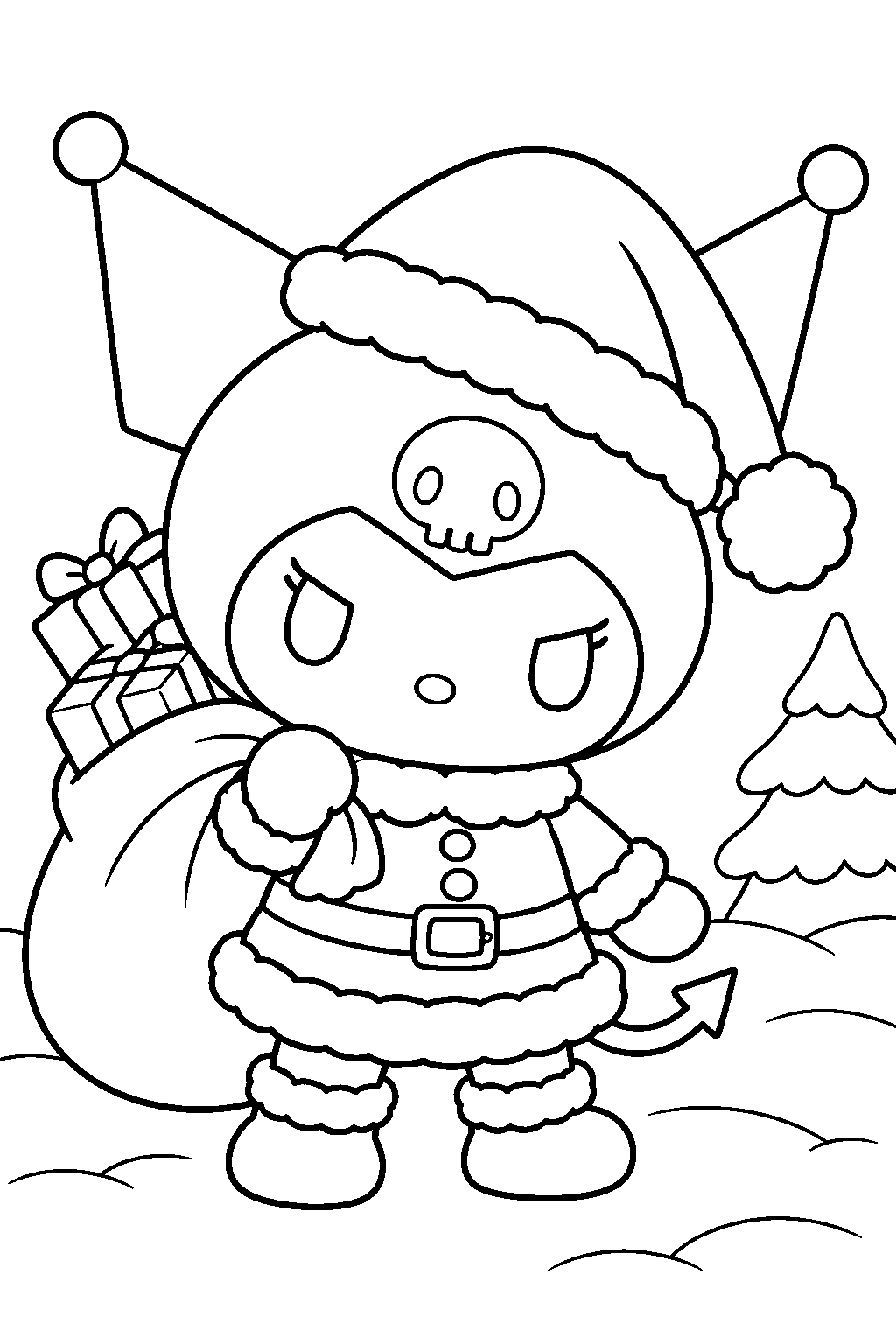 kuromi wearing a santa outfit and carrying a sack of presents line art
