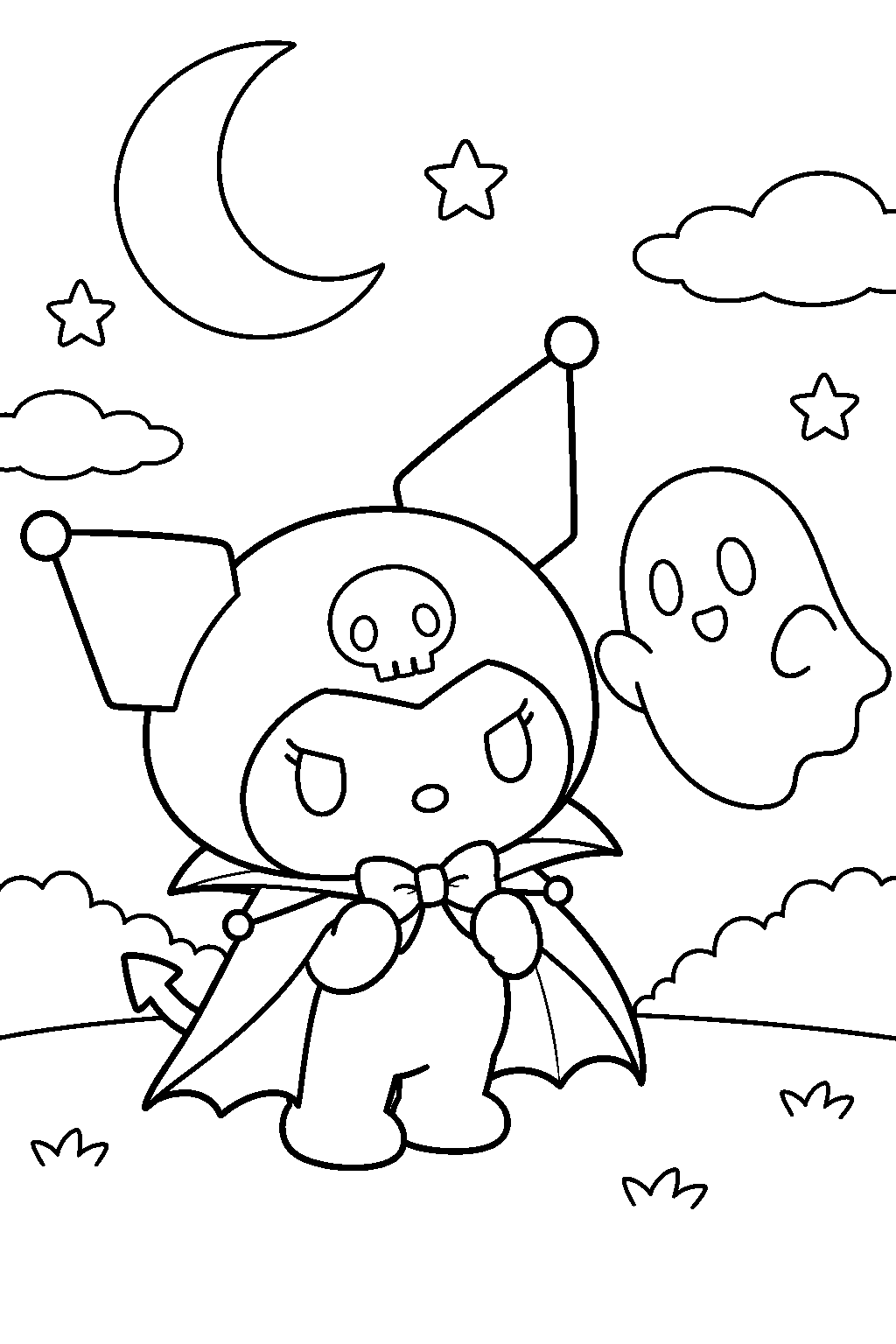 kuromi wearing a vampire cape beside a friendly ghost line art