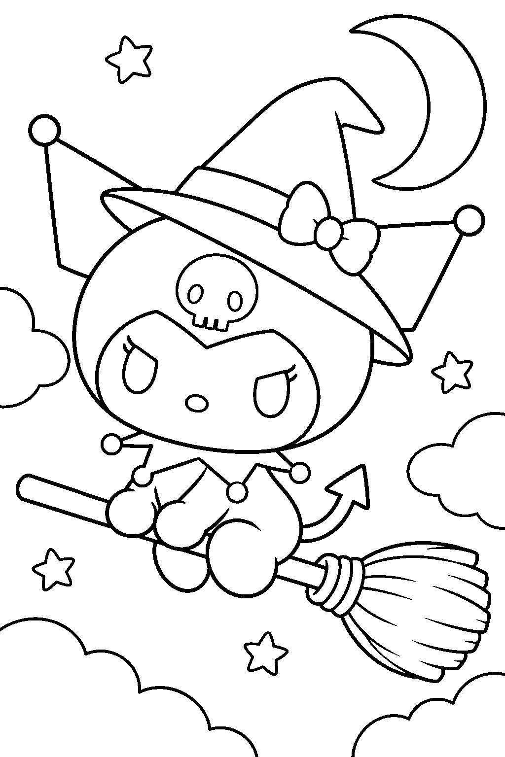 kuromi wearing a witch hat and sitting on a broomstick line art