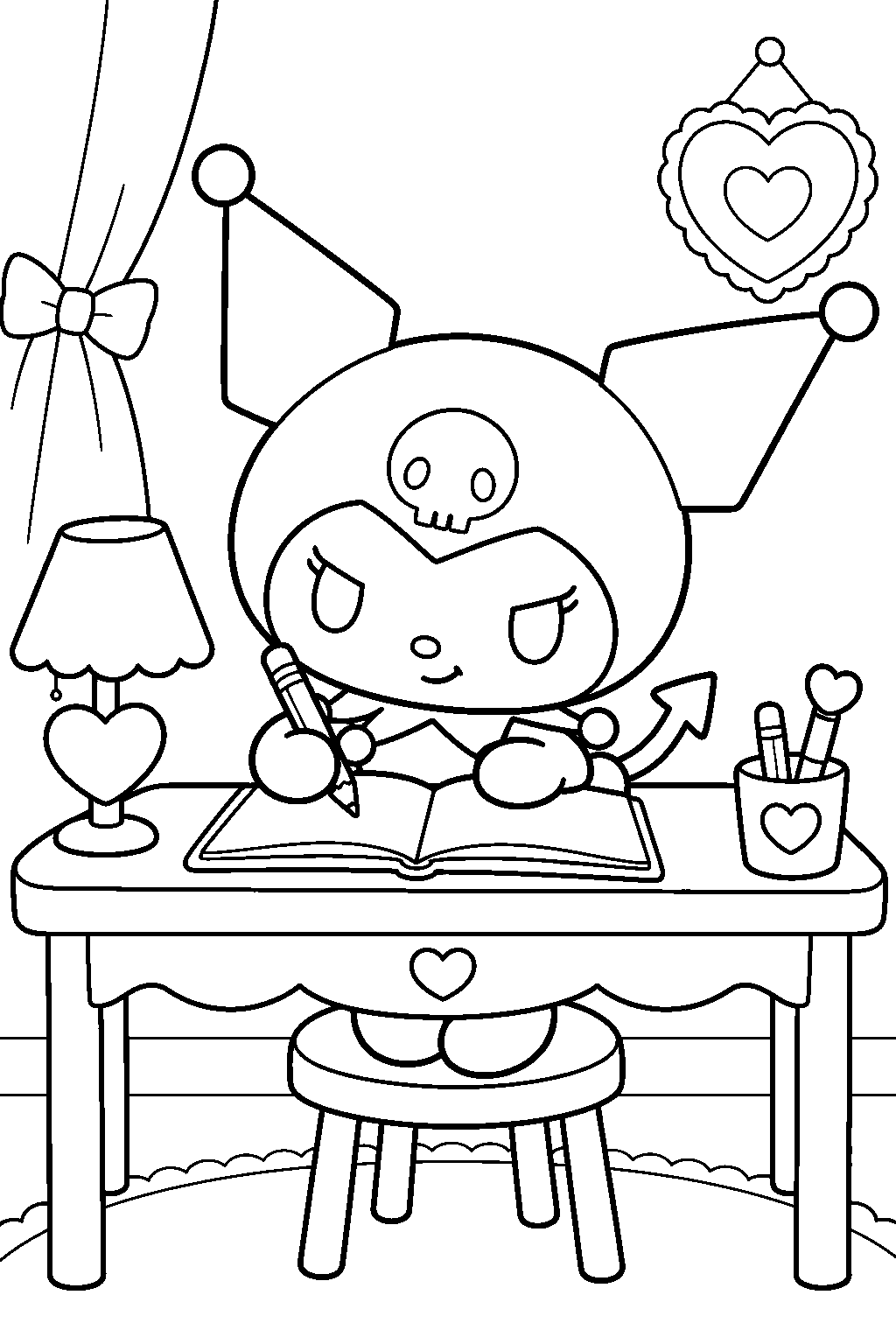 kuromi writing in her diary at a bedroom desk line art