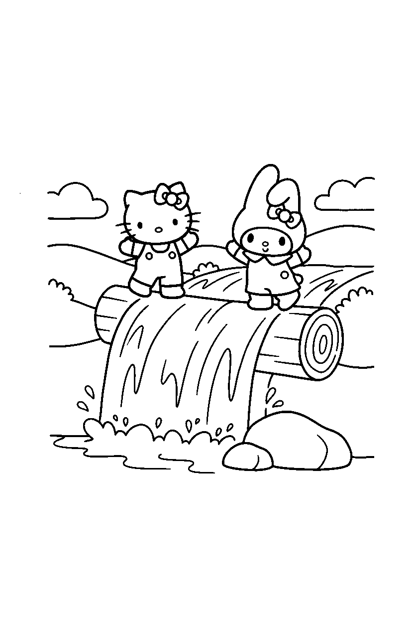 hello kitty my melody balancing by waterfall line art