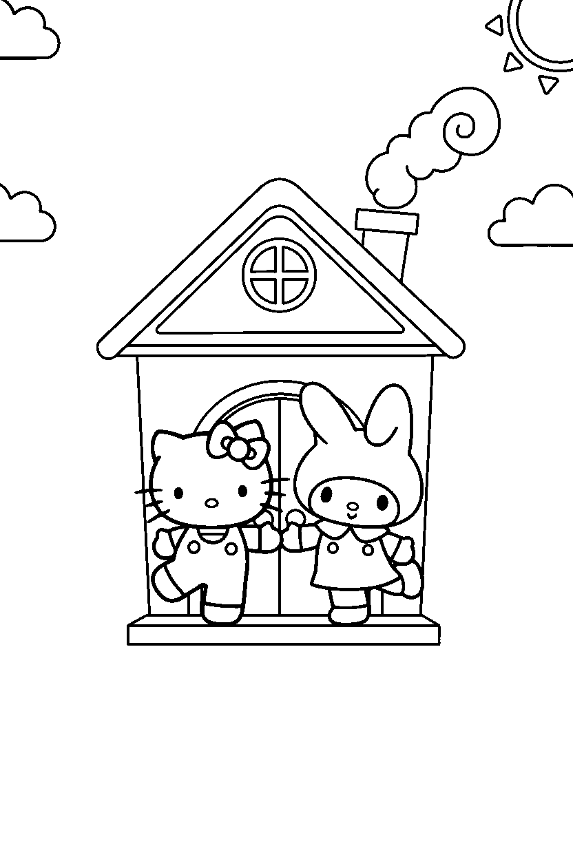 hello kitty my melody balancing in house line art