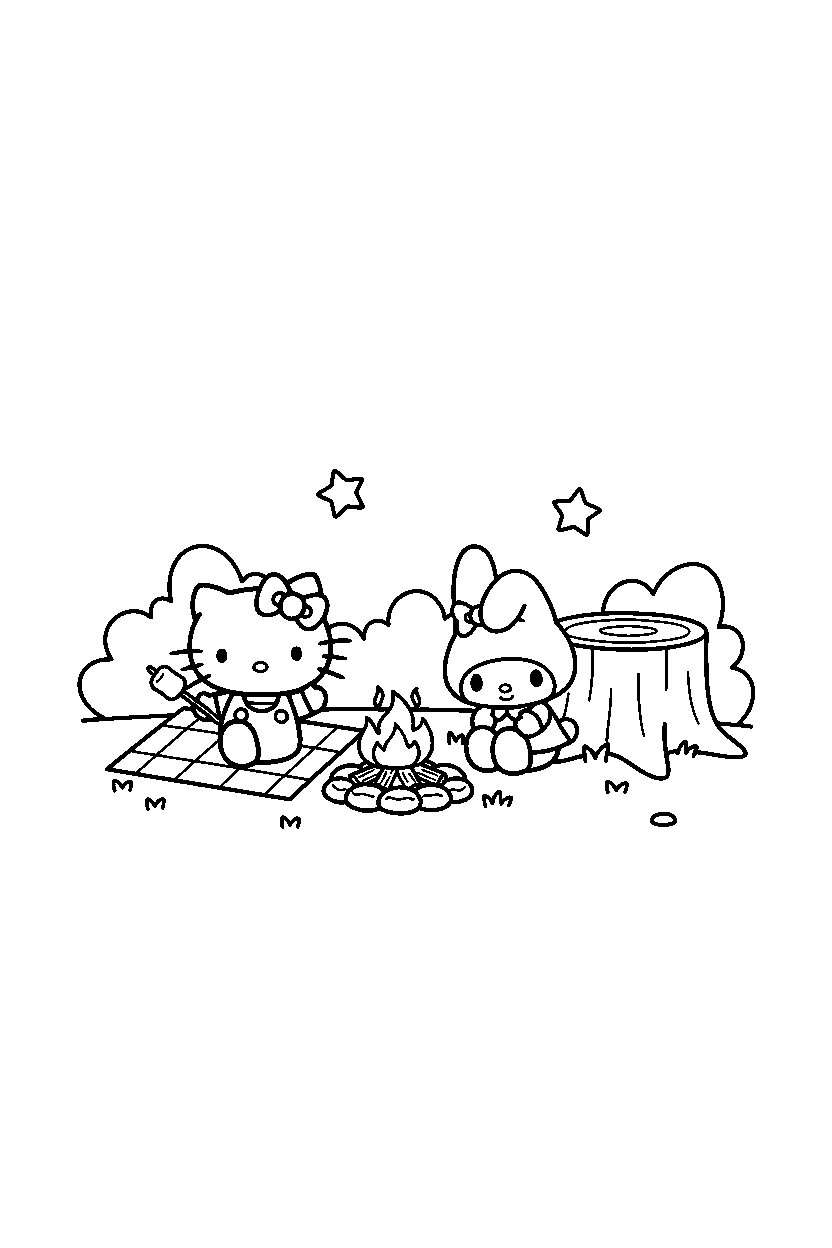 hello kitty my melody resting at campfire spot line art