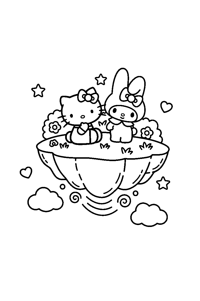 hello kitty my melody resting in floating island line art