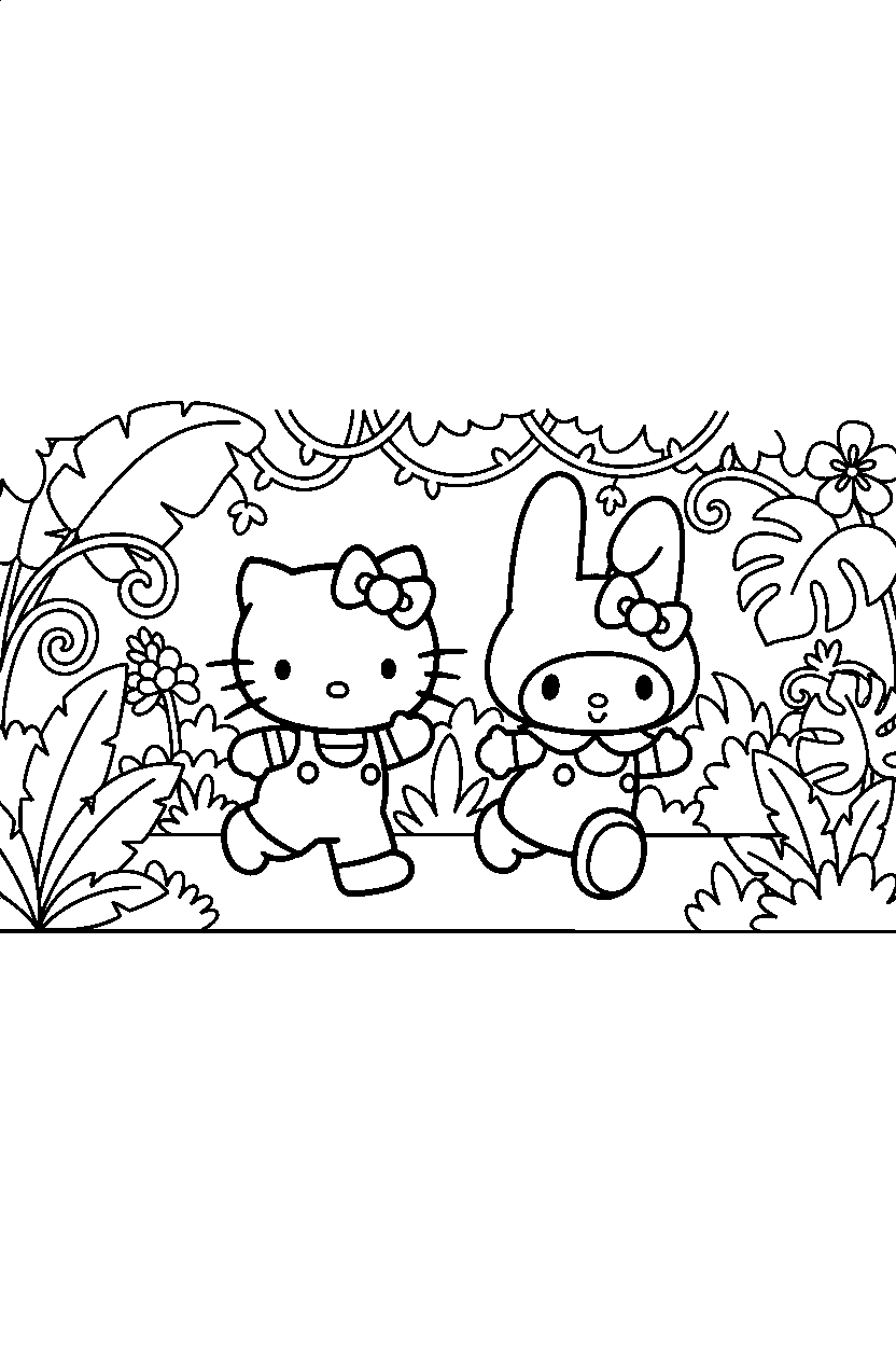 hello kitty my melody running in jungle line art