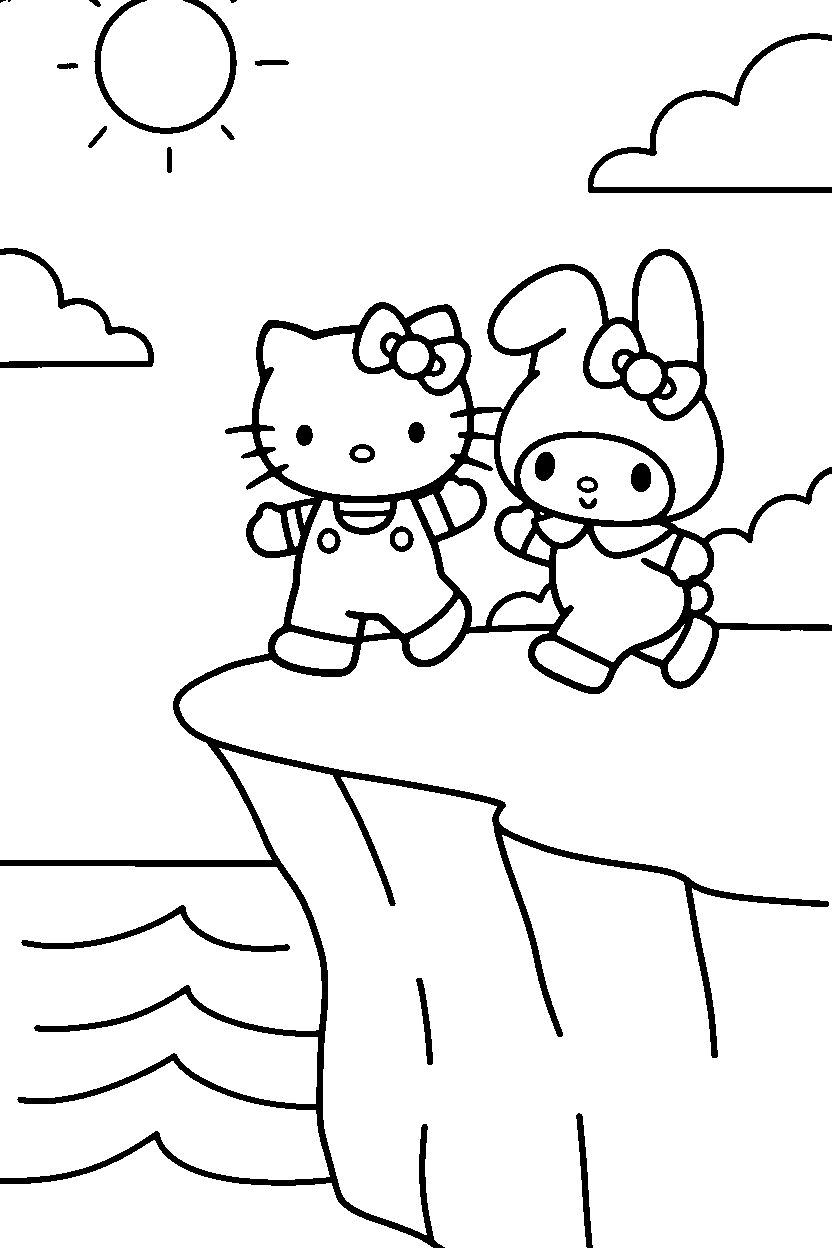 hello kitty my melody running on cliff line art