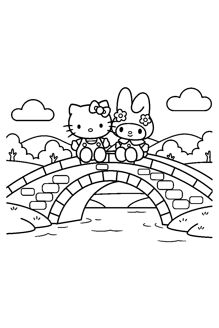 hello kitty my melody sitting on stone bridge line art