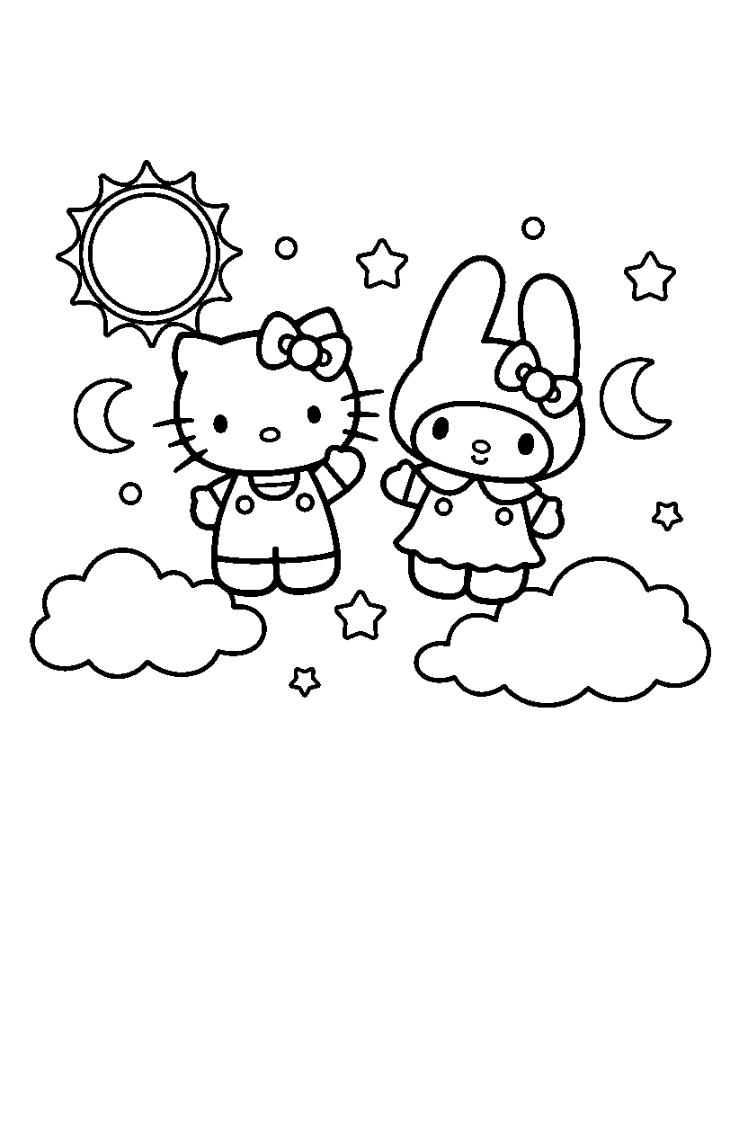 hello kitty my melody smiling in sky area line art