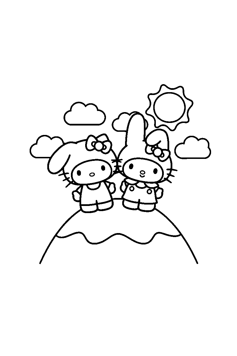 hello kitty my melody smiling on mountain line art