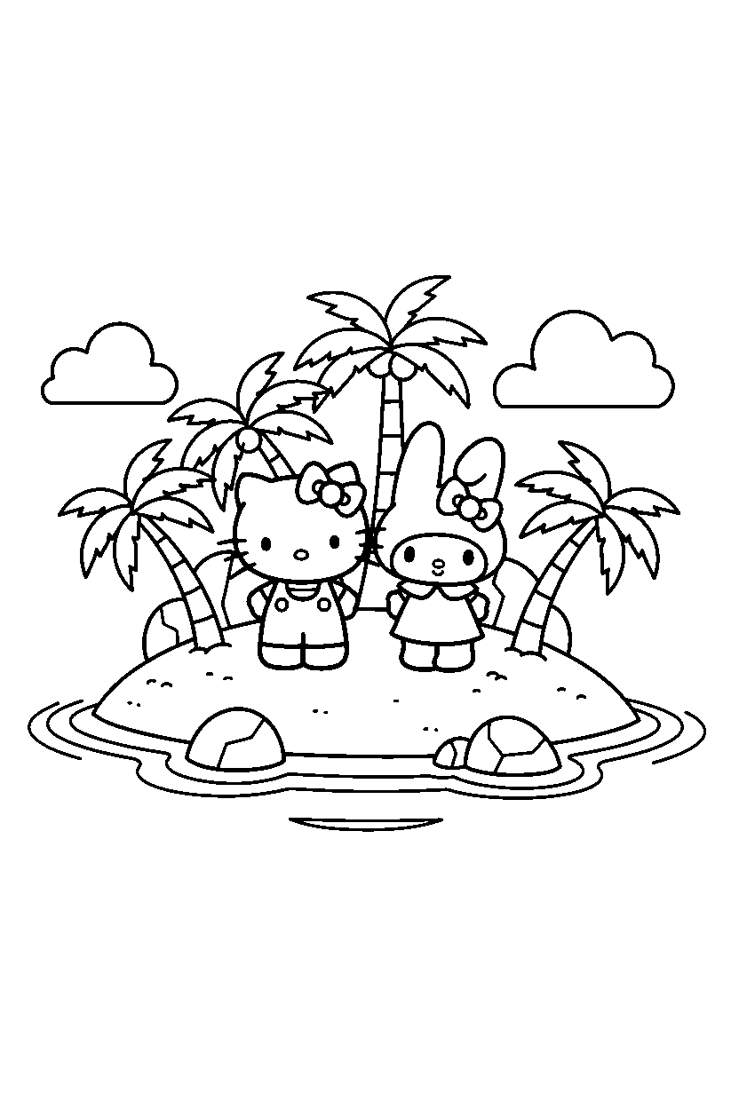 hello kitty my melody standing confidently on island line art