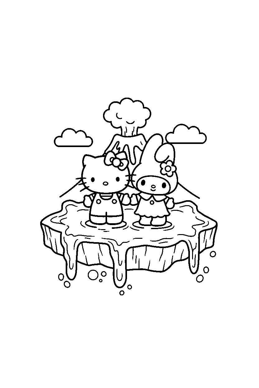 hello kitty my melody standing on lava platform line art