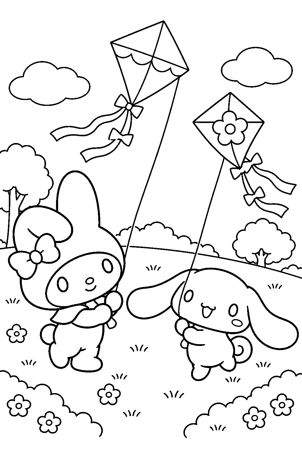 my melody and cinnamoroll flying kites in a park line art