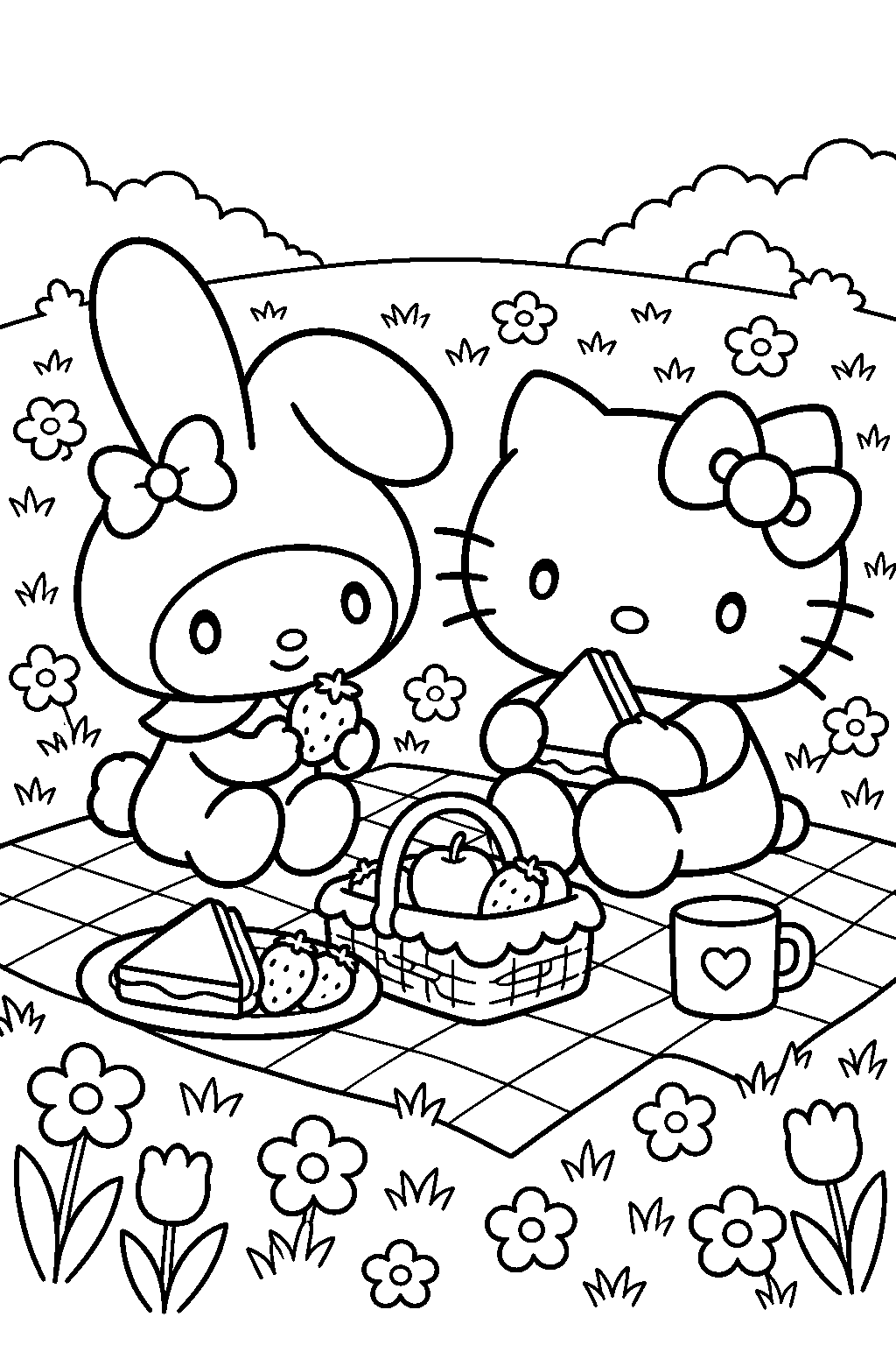 my melody and hello kitty having a picnic in a flower meadow line art