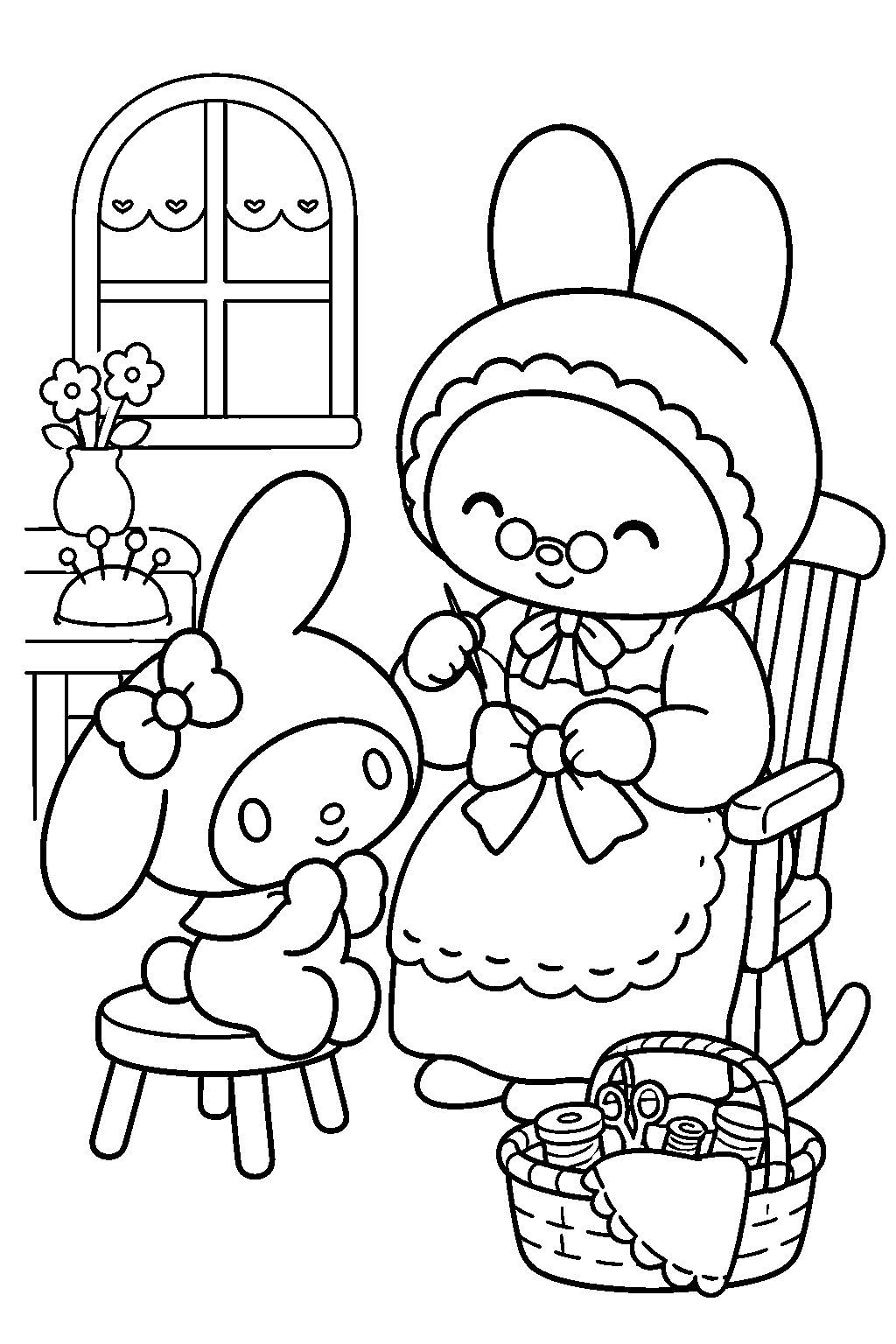 my melody and her grandmother sewing a bow for her hood line art