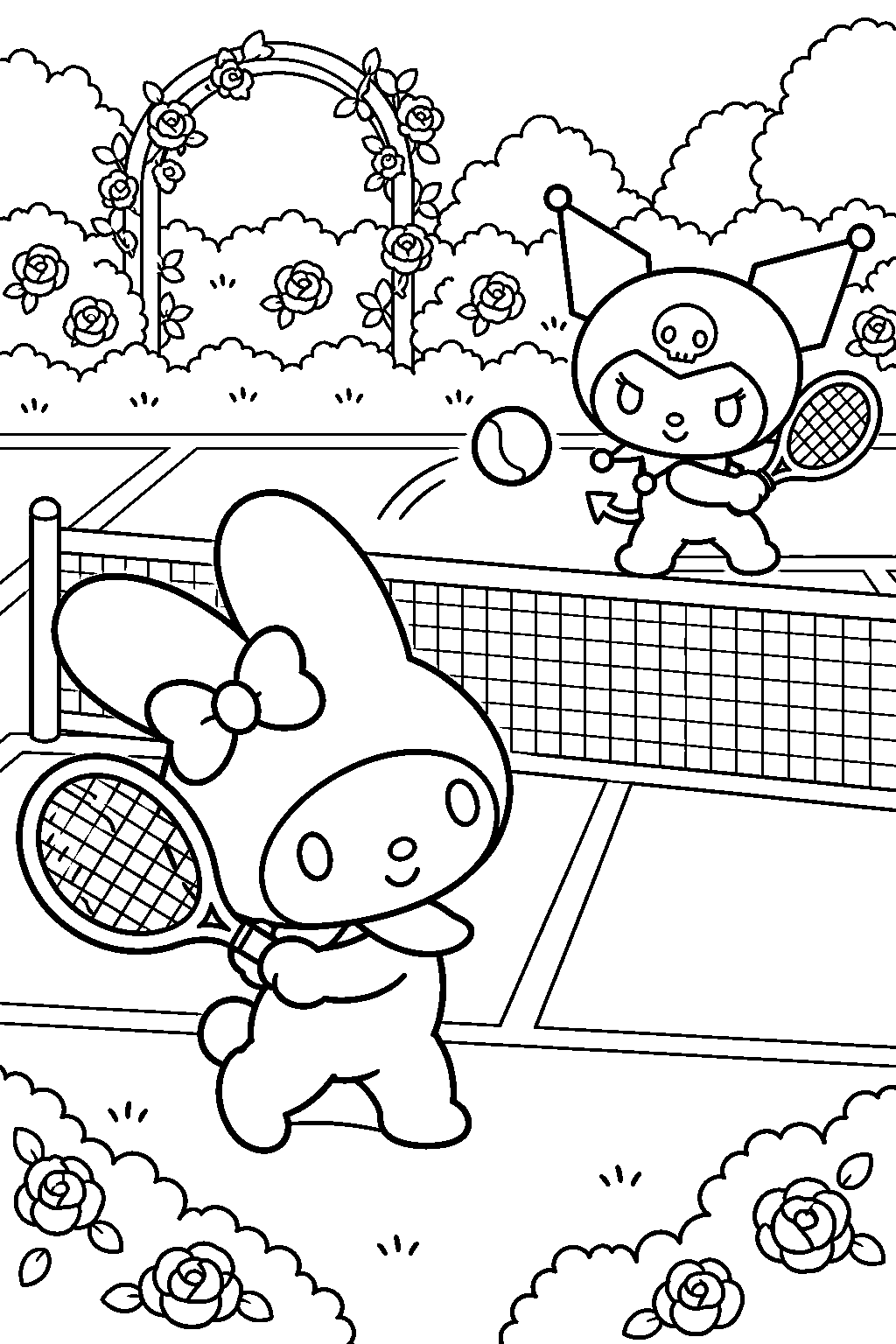 my melody and kuromi playing tennis on a garden court line art