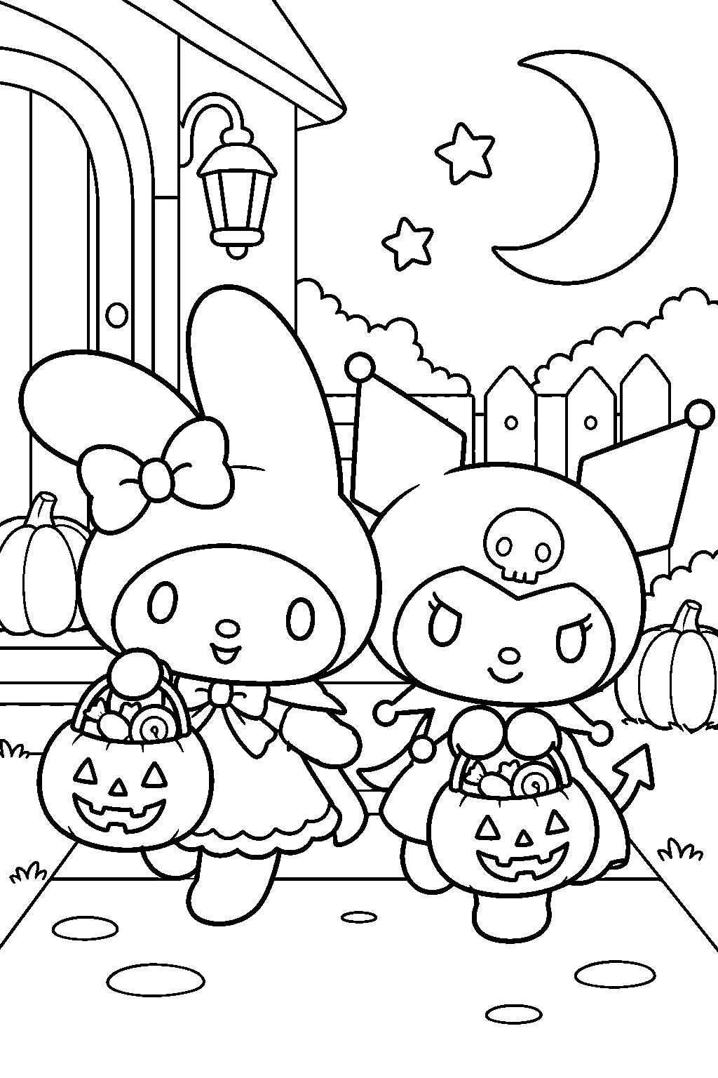 my melody and kuromi trick or treating with candy buckets line art