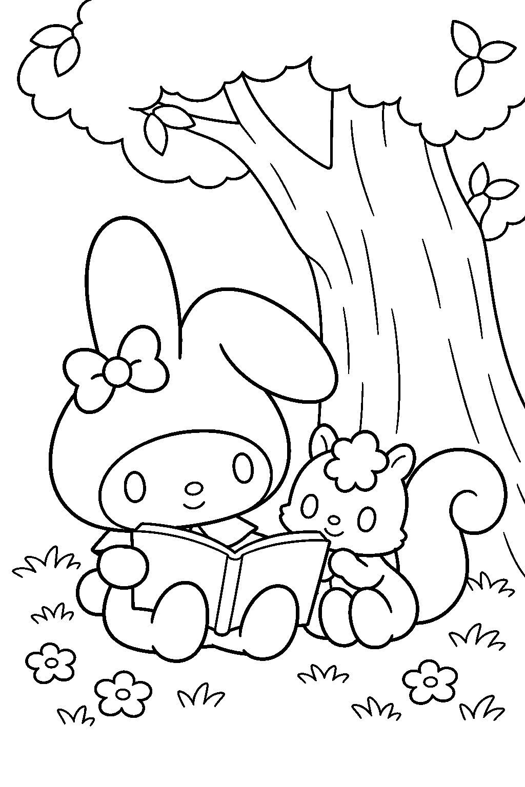 my melody and risu reading a storybook beneath a tree line art