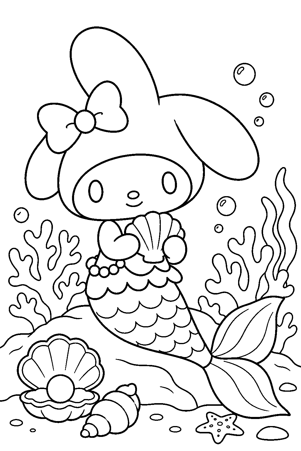 my melody as a mermaid beside coral and seashells line art