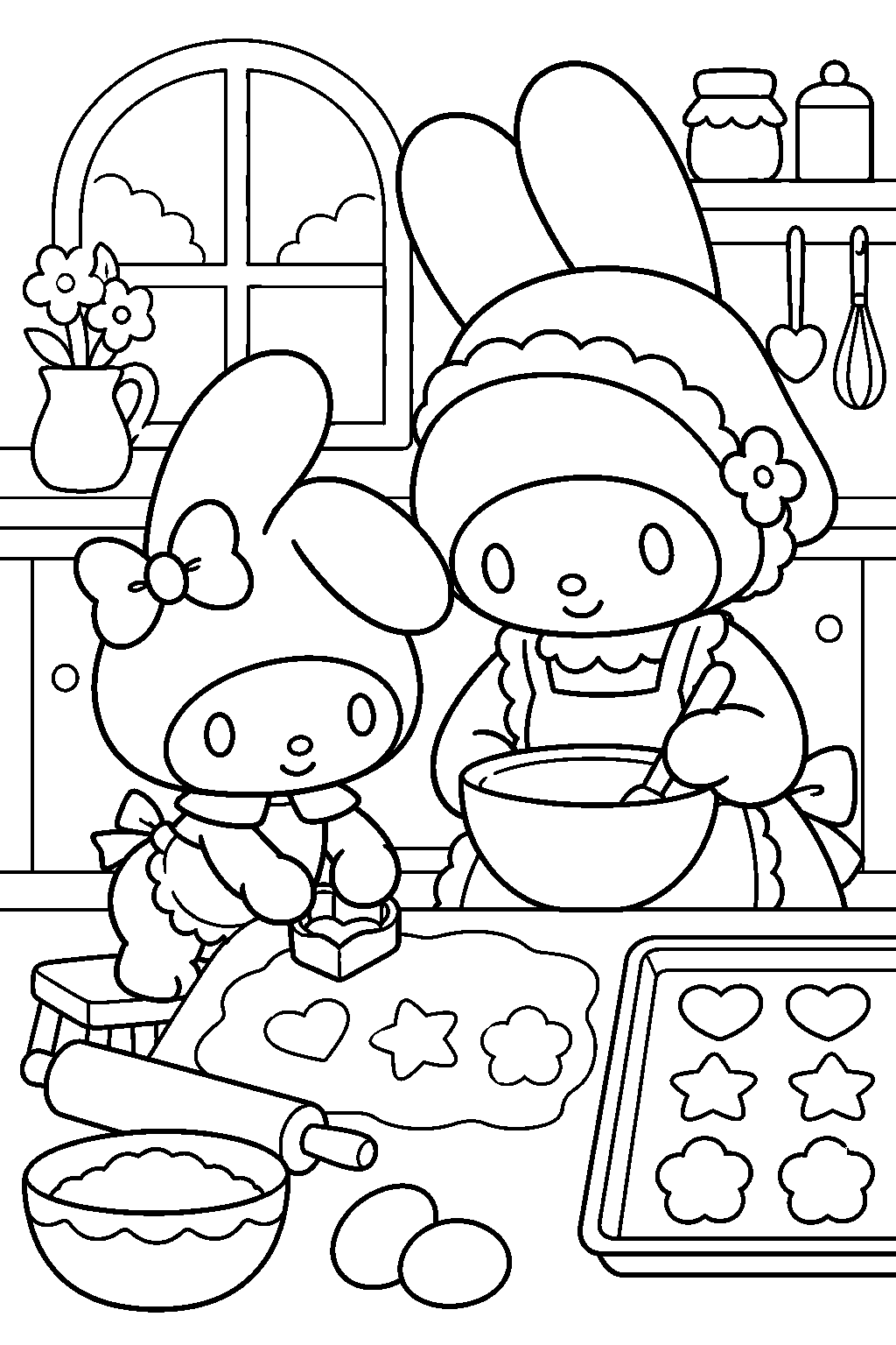 my melody baking cookies with her mother in the kitchen line art
