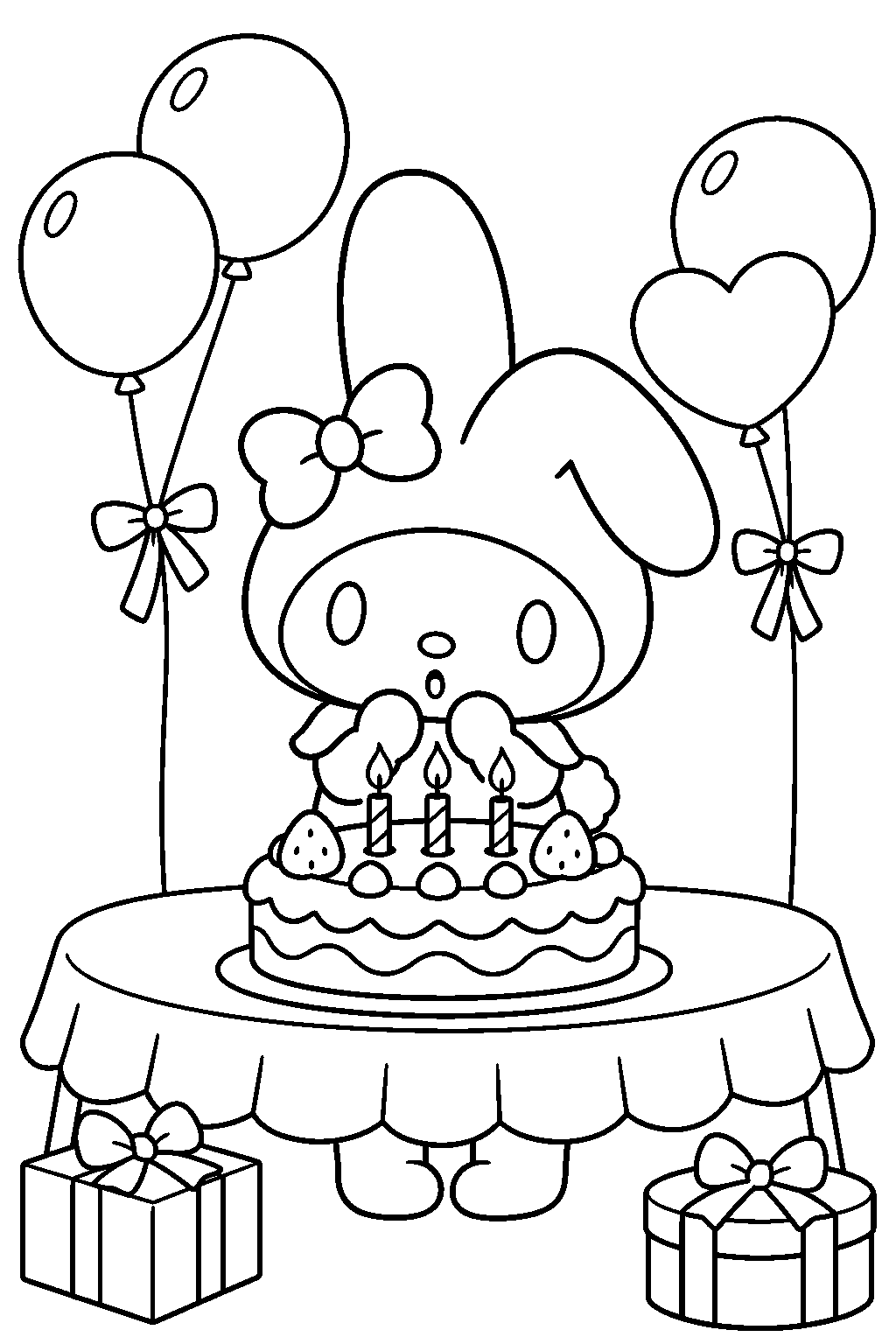 my melody blowing out candles on her birthday cake line art