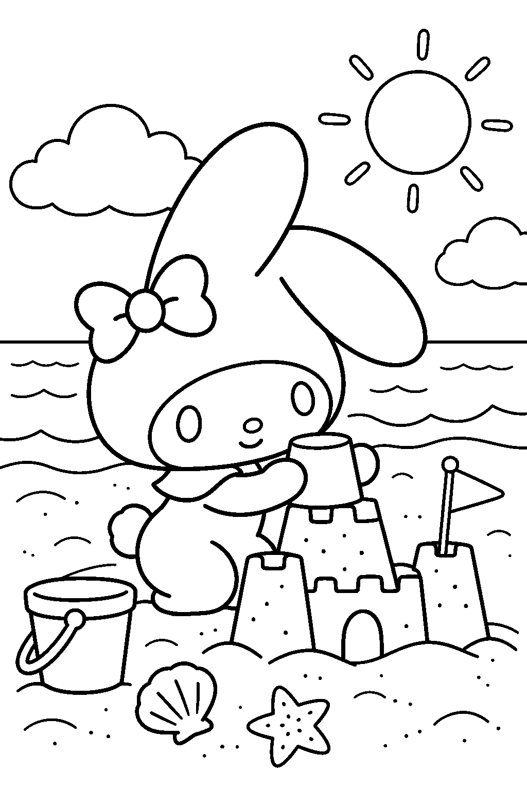 my melody building a sandcastle at the beach line art