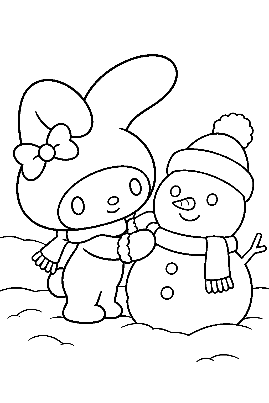 my melody building a snowman while wearing a scarf and mittens line art