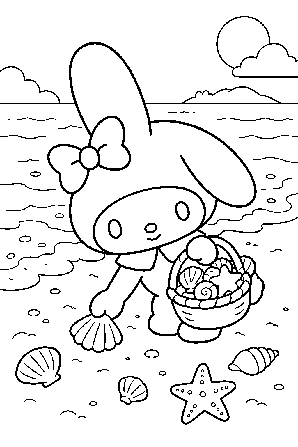 my melody collecting seashells beside the ocean waves line art