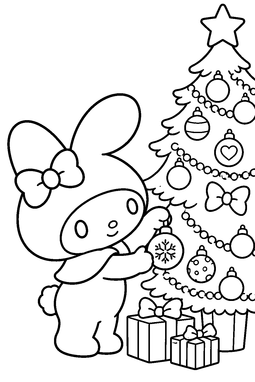 my melody decorating a christmas tree with ornaments line art