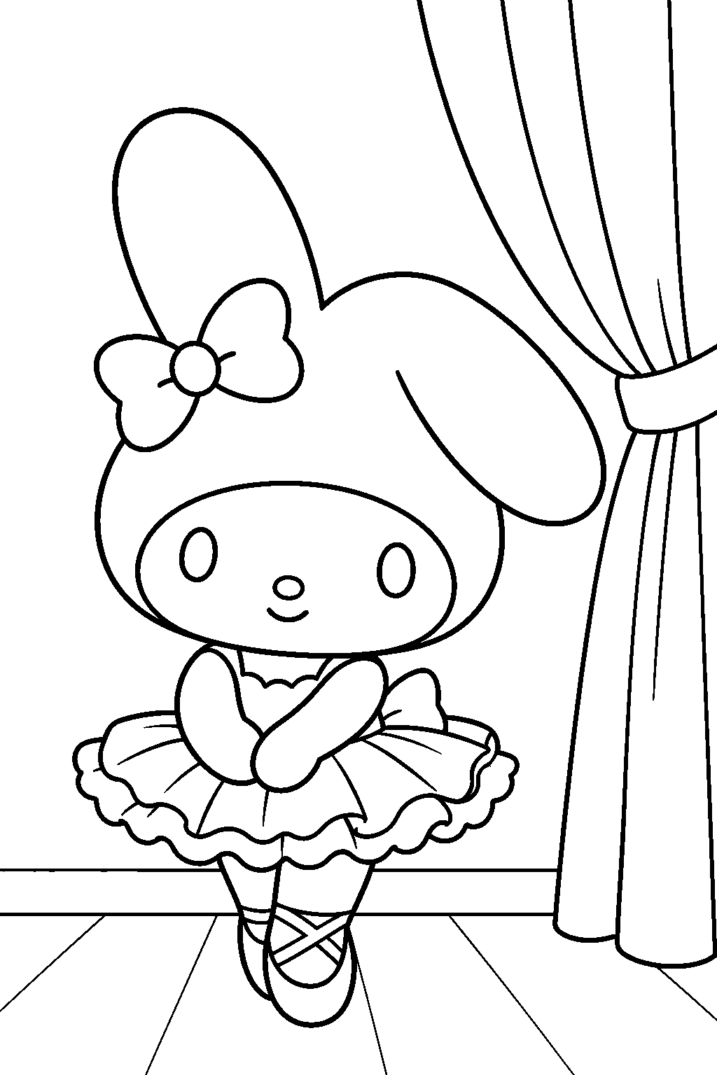 my melody dressed as a ballerina beside a stage curtain line art