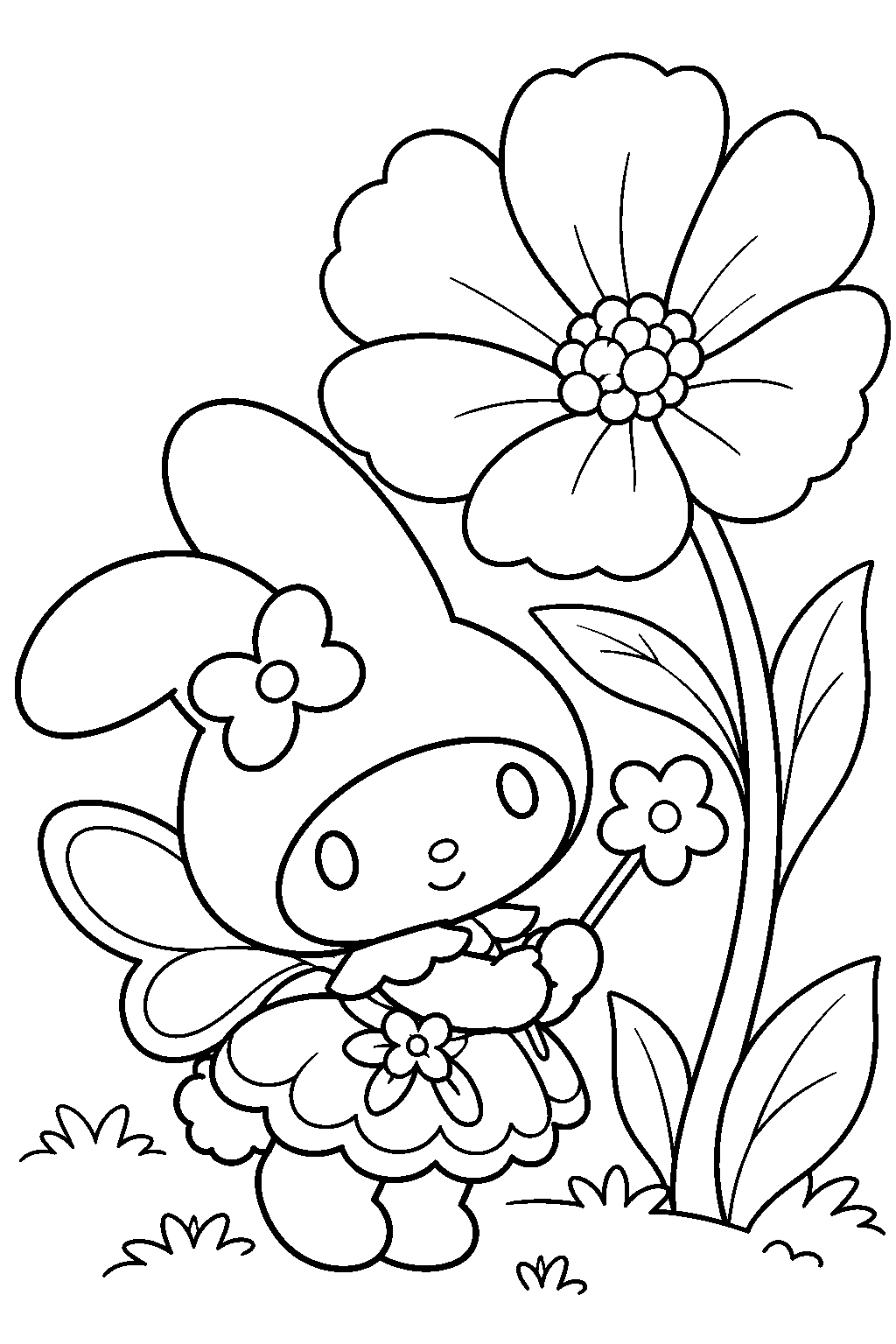 my melody dressed as a fairy beside a giant flower line art