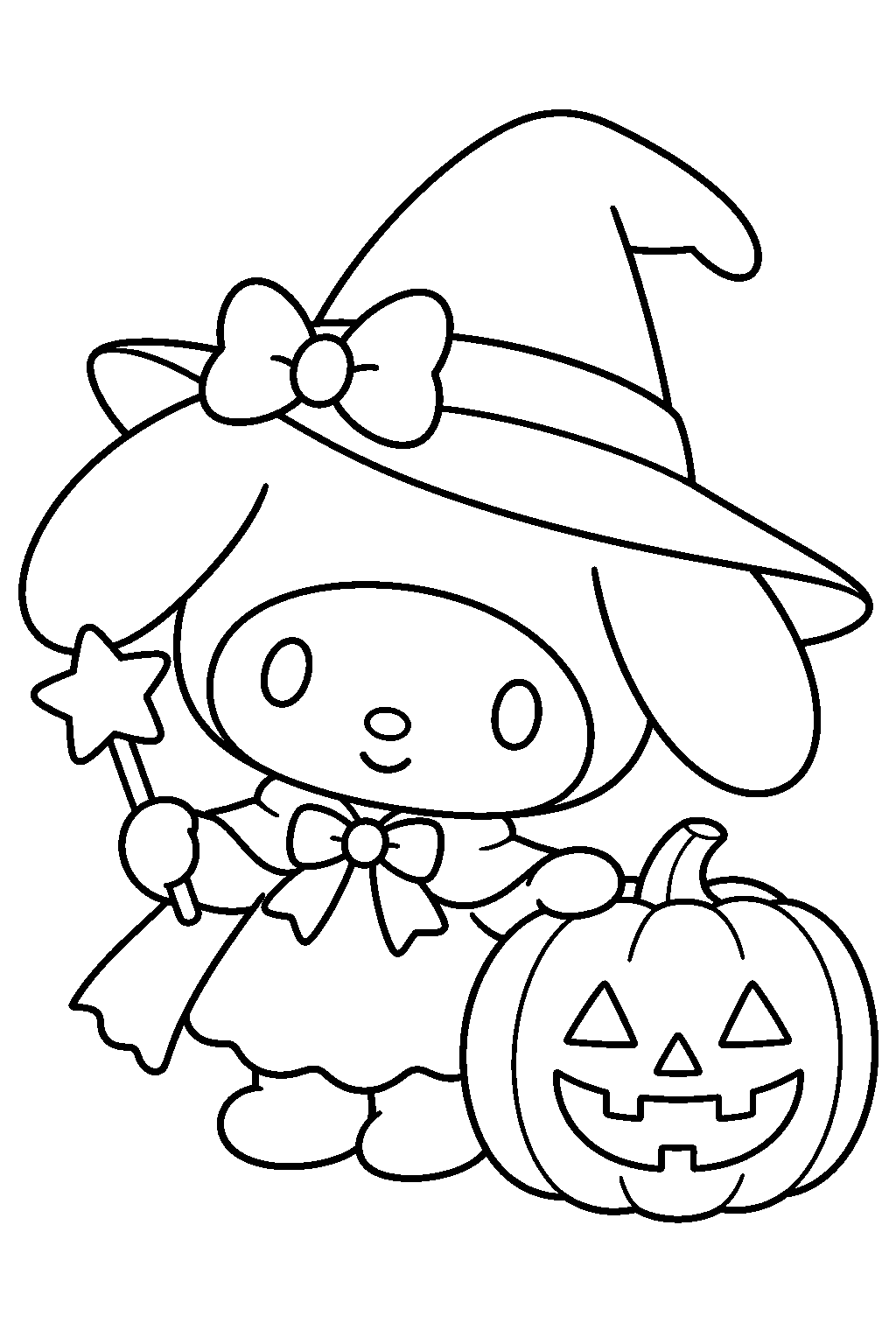 my melody dressed as a witch beside a halloween pumpkin line art