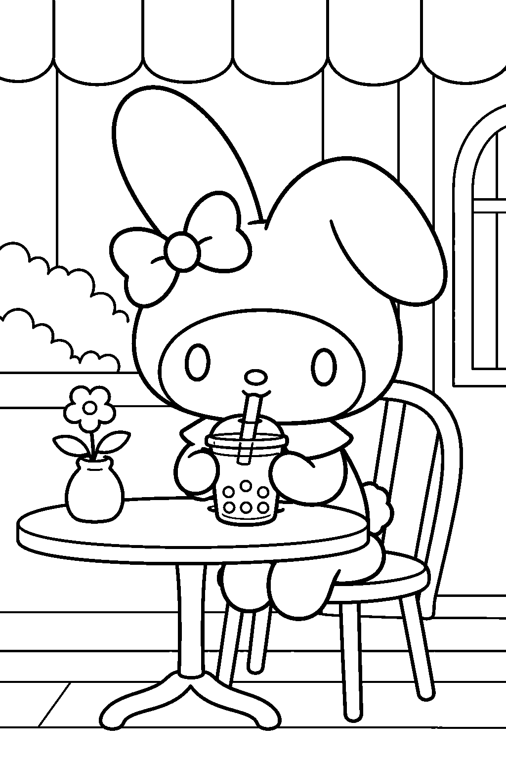my melody drinking boba tea at a cafe table line art