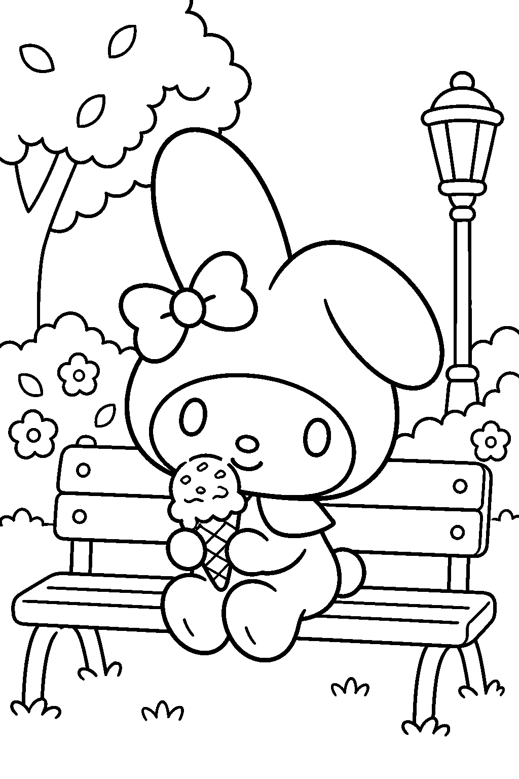 my melody enjoying an ice cream cone on a park bench line art