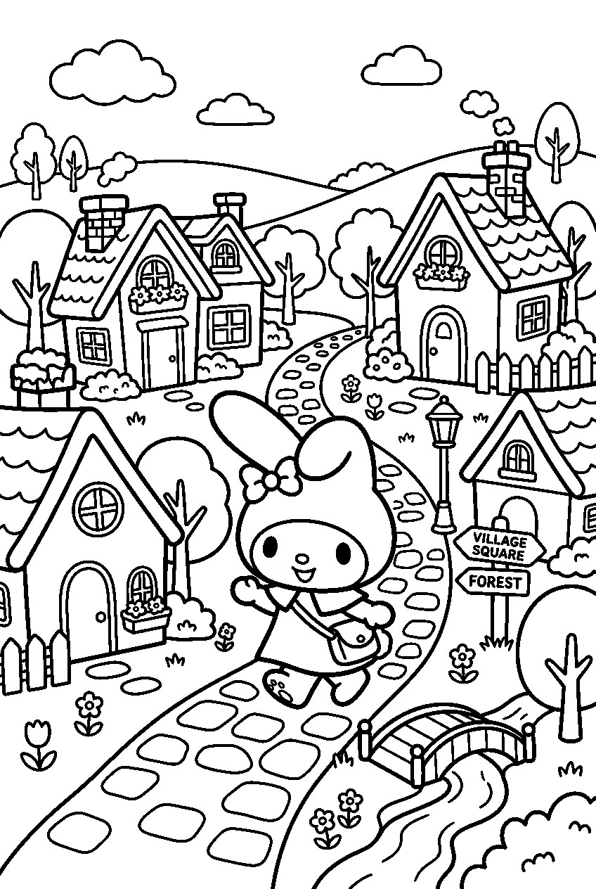 my melody exploring in cute village line art