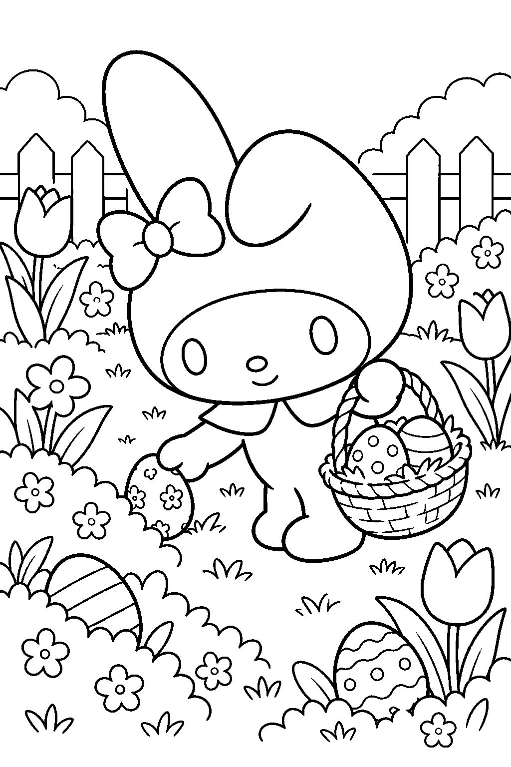 my melody finding easter eggs in a spring garden line art