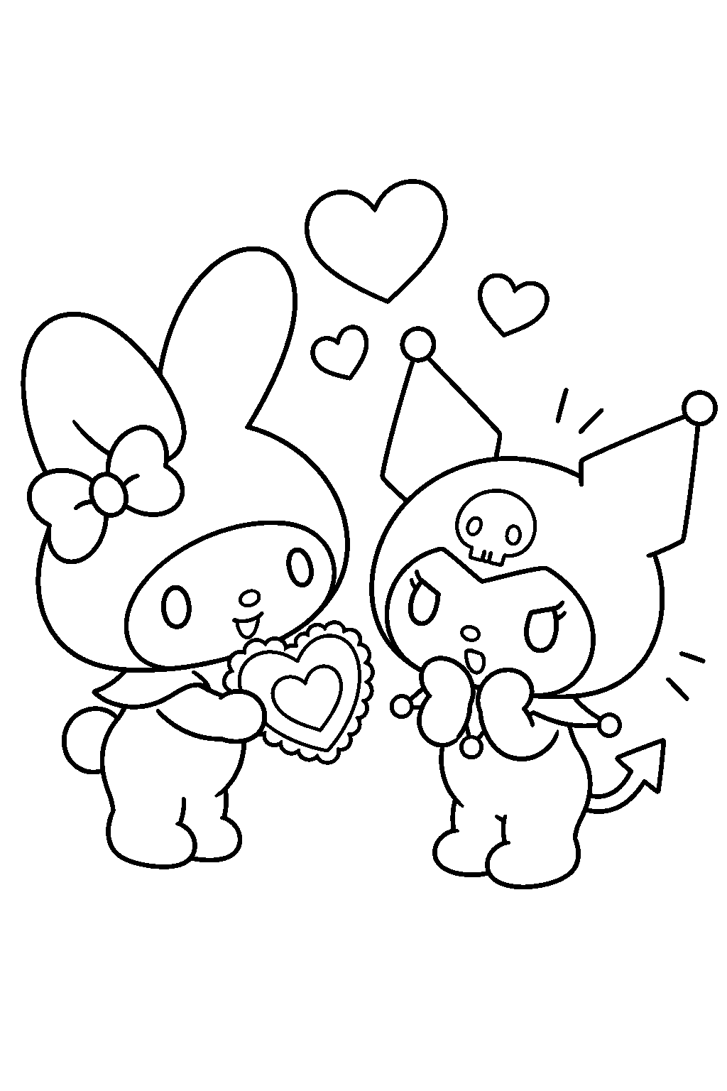 my melody giving kuromi a valentine s day heart card line art
